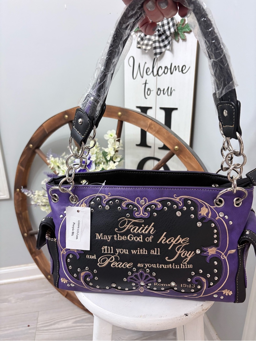 Purple Faith Embroidered Tote Bag with Inspirational Script & CC pocket